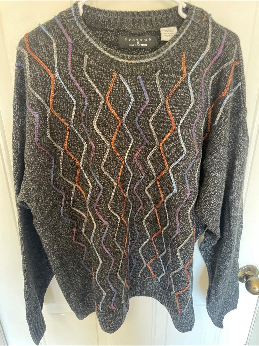 Prosecco Collection Charcoal Crewneck Sweater with Multicolor Zigzag Detail